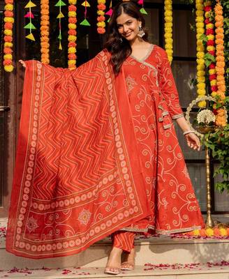 Orange blended cotton printed kurta sets 2