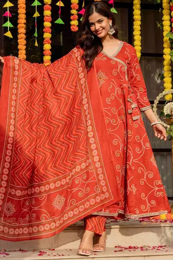 Orange blended cotton printed kurta sets