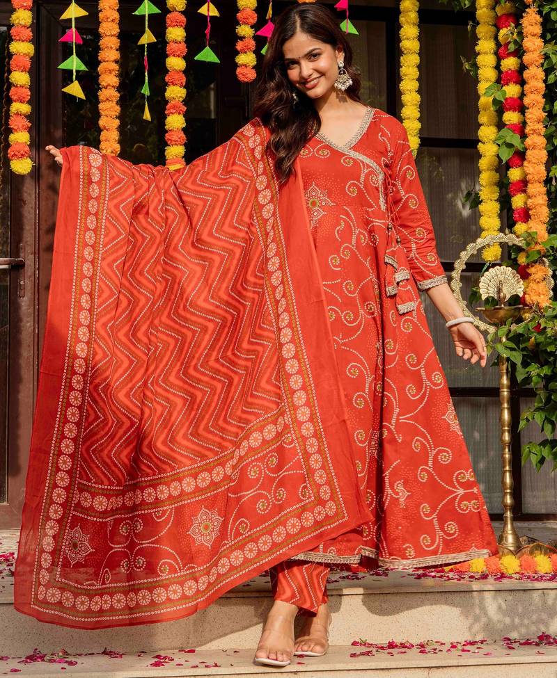 Orange blended cotton printed kurta sets