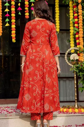 Orange blended cotton printed kurta sets