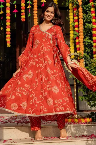 Orange blended cotton printed kurta sets