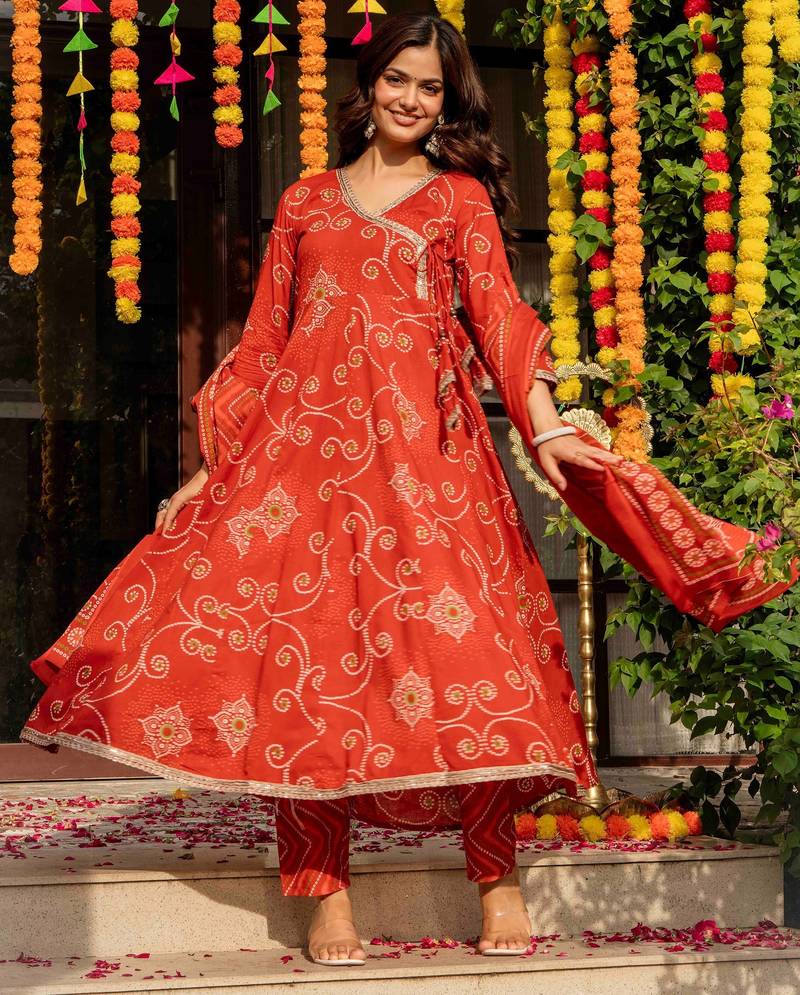 Orange blended cotton printed kurta sets