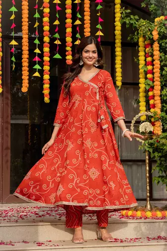 Orange blended cotton printed kurta sets
