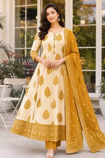 Mustard blended cotton printed kurta sets