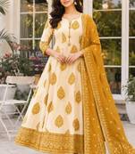 Mustard blended cotton printed kurta sets