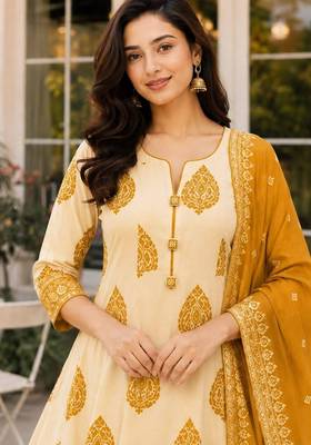 Mustard blended cotton printed kurta sets 2