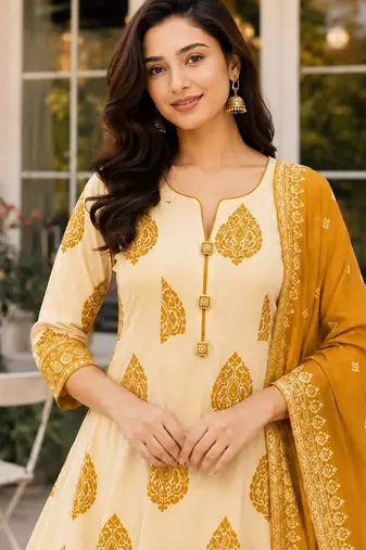 Mustard blended cotton printed kurta sets
