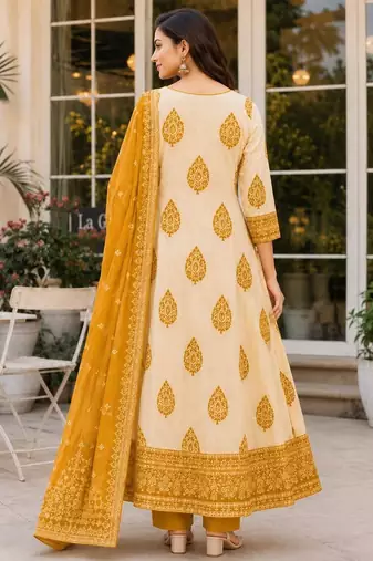 Mustard blended cotton printed kurta sets