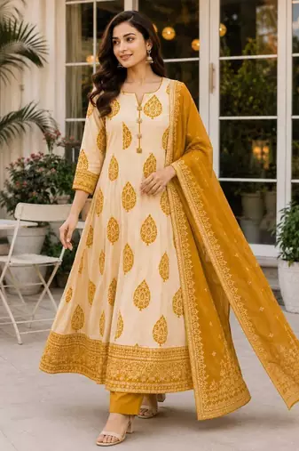 Mustard blended cotton printed kurta sets