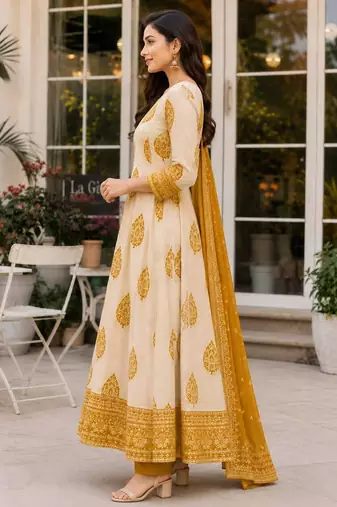 Mustard blended cotton printed kurta sets