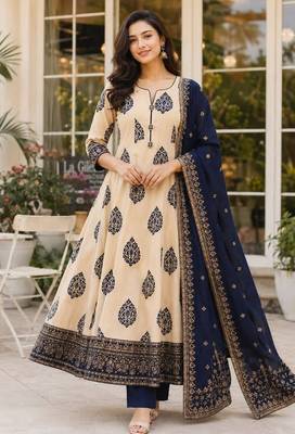 Navy blue blended cotton printed kurta sets 1