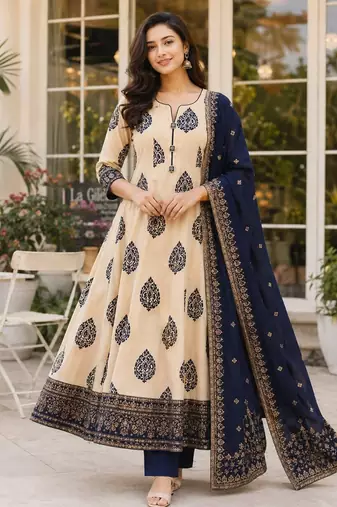 Navy blue blended cotton printed kurta sets
