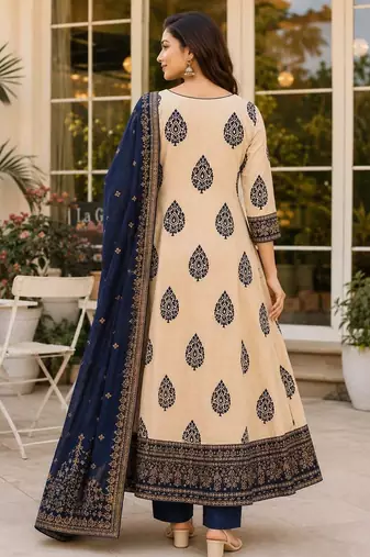 Navy blue blended cotton printed kurta sets