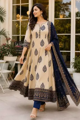 Navy blue blended cotton printed kurta sets
