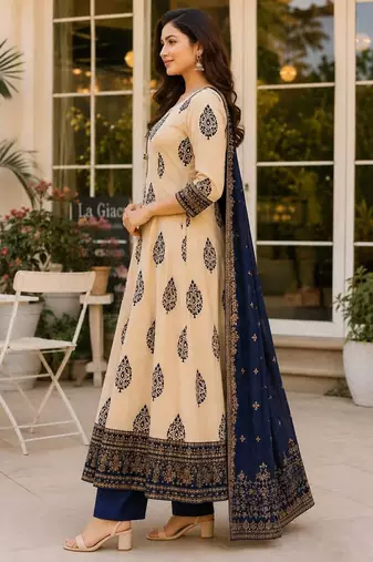 Navy blue blended cotton printed kurta sets