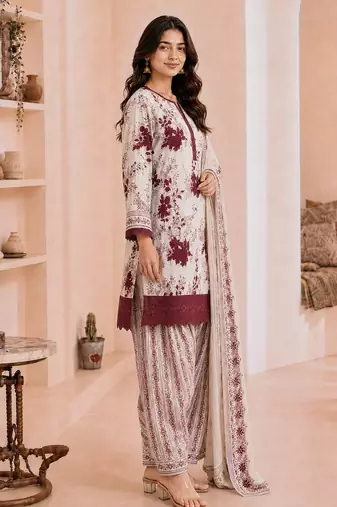 Maroon blended cotton printed kurta sets