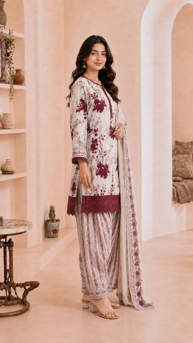 Maroon blended cotton printed kurta sets