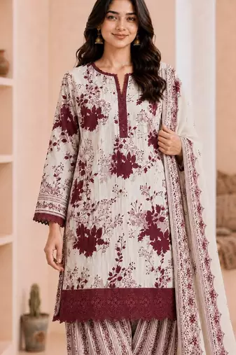 Maroon blended cotton printed kurta sets