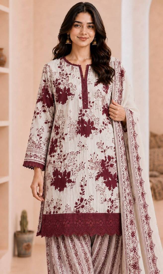 Maroon blended cotton printed kurta sets