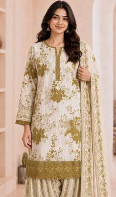 Olive blended cotton printed kurta sets 1