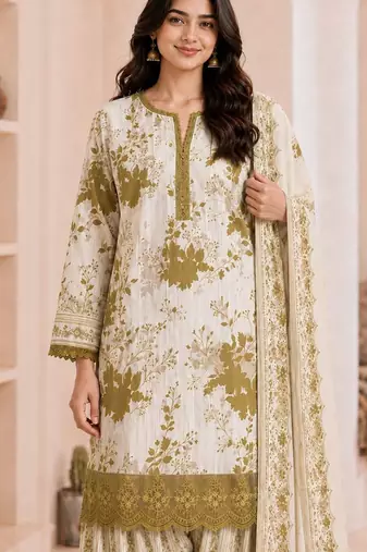 Olive blended cotton printed kurta sets