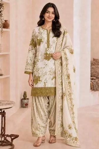 Olive blended cotton printed kurta sets