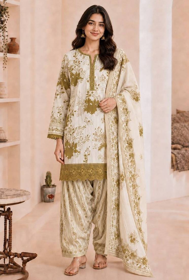 Olive blended cotton printed kurta sets