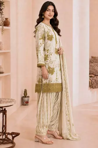 Olive blended cotton printed kurta sets