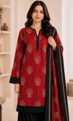 Red blended cotton printed kurta sets 2