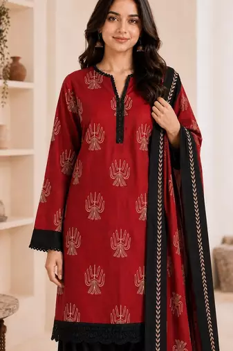 Red blended cotton printed kurta sets