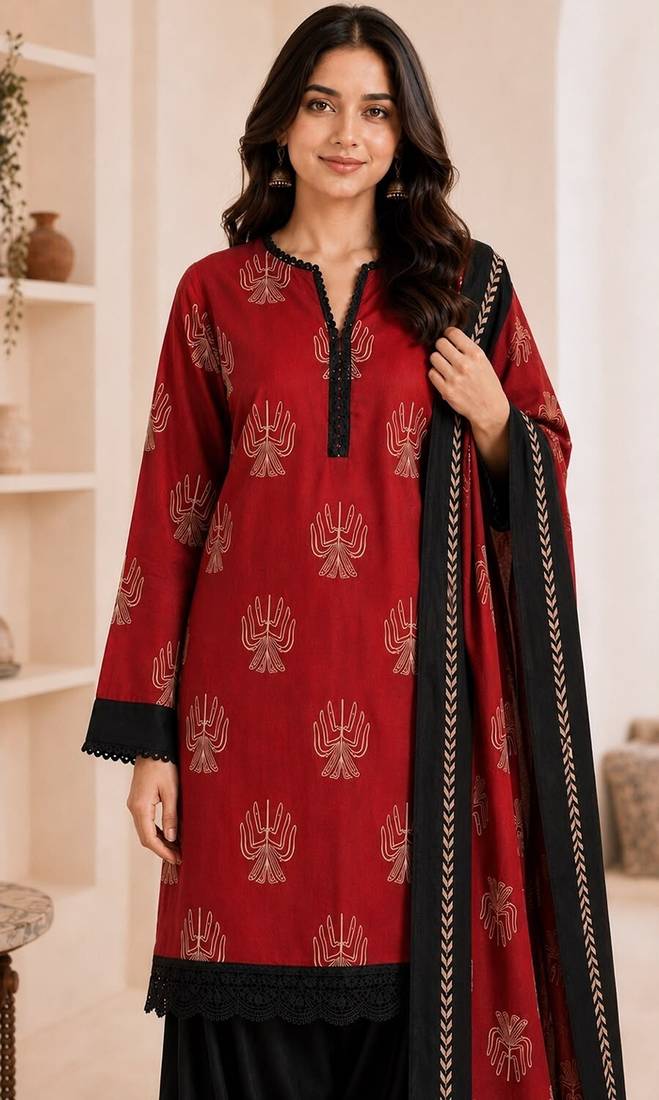 Red blended cotton printed kurta sets