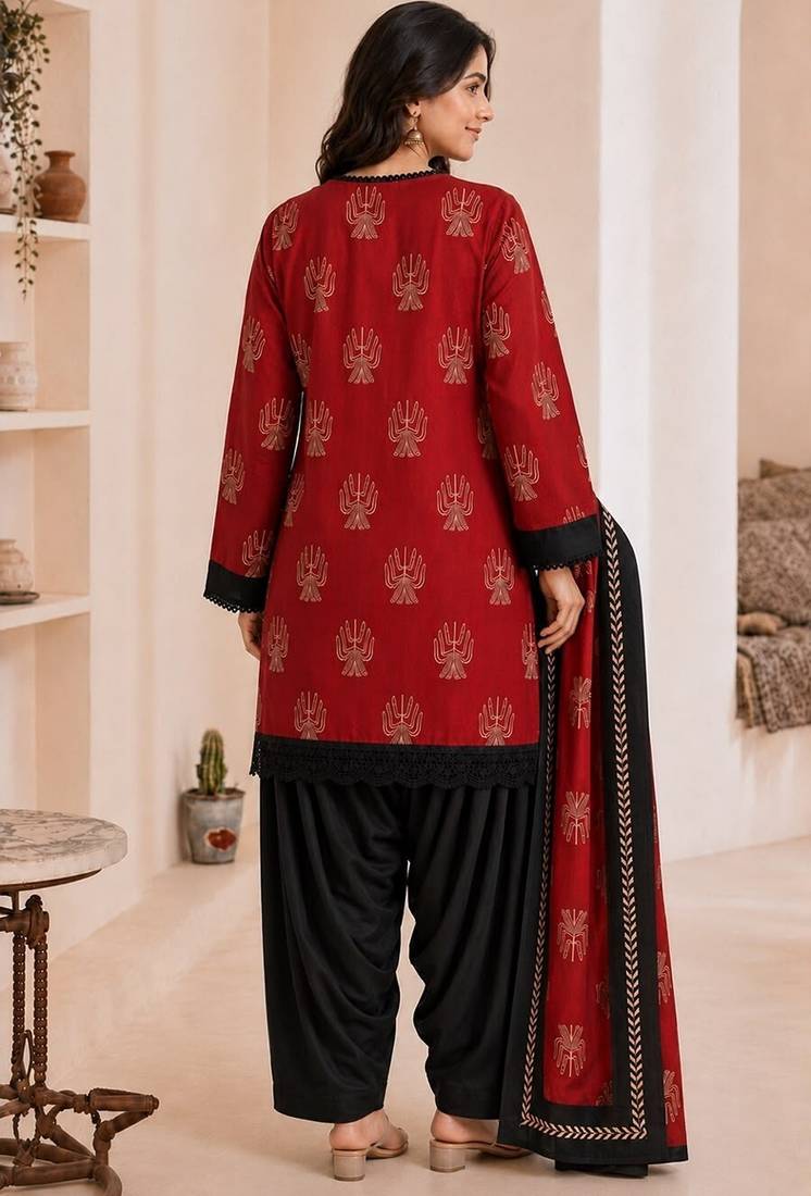 Red blended cotton printed kurta sets