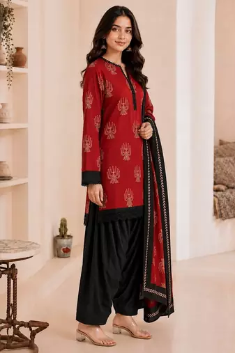 Red blended cotton printed kurta sets