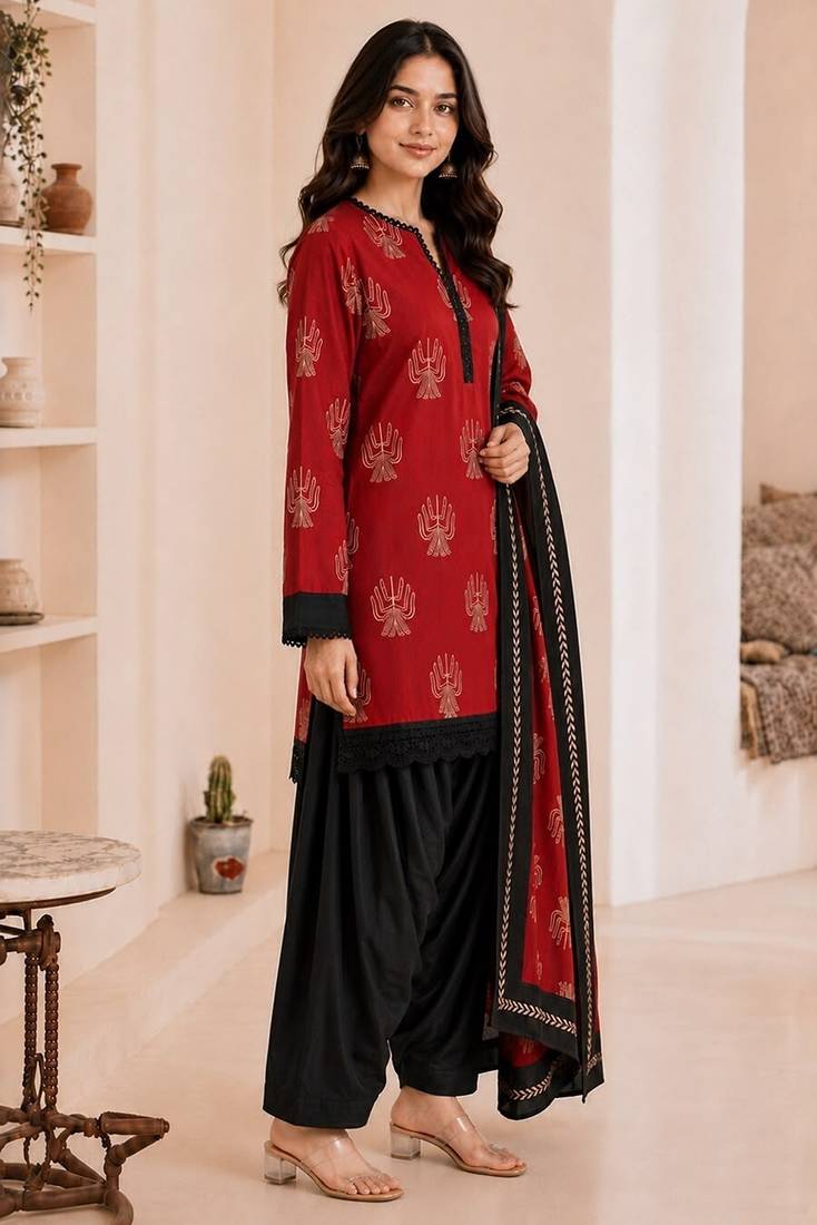 Red blended cotton printed kurta sets