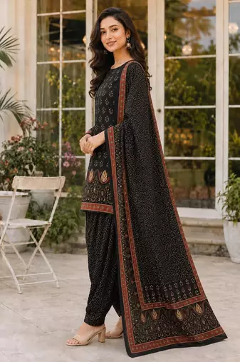 Black blended cotton printed kurta sets