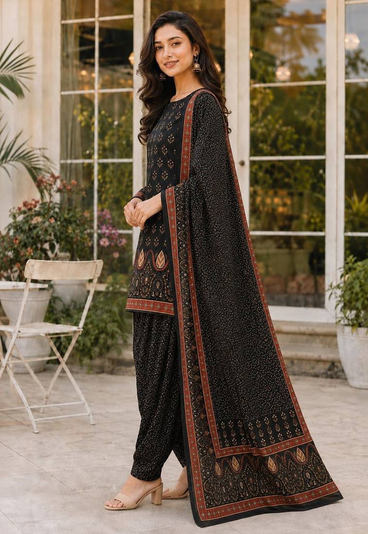 Black blended cotton printed kurta sets