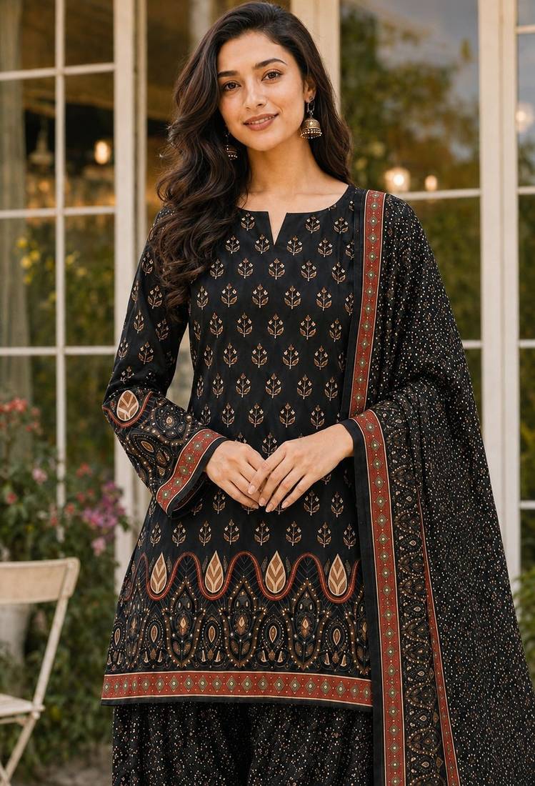 Black blended cotton printed kurta sets