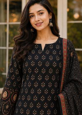 Black blended cotton printed kurta sets 5