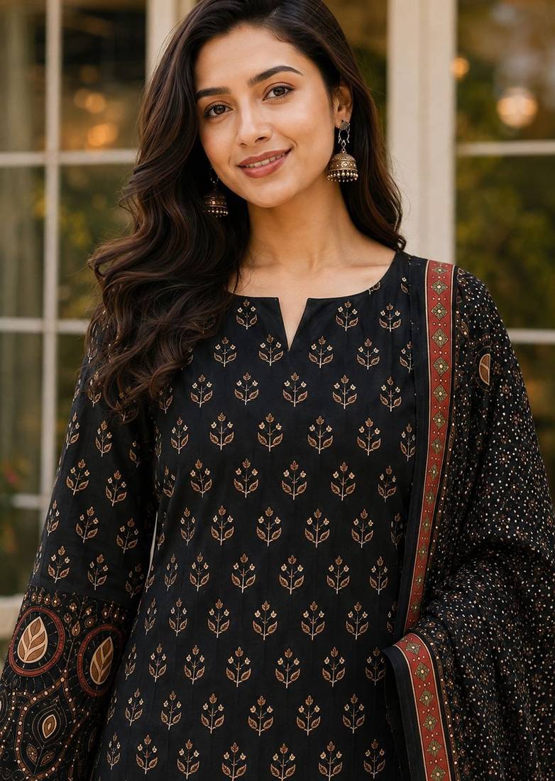 Black blended cotton printed kurta sets