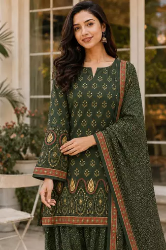 Green blended cotton printed kurta sets