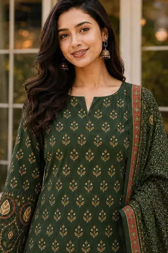 Green blended cotton printed kurta sets
