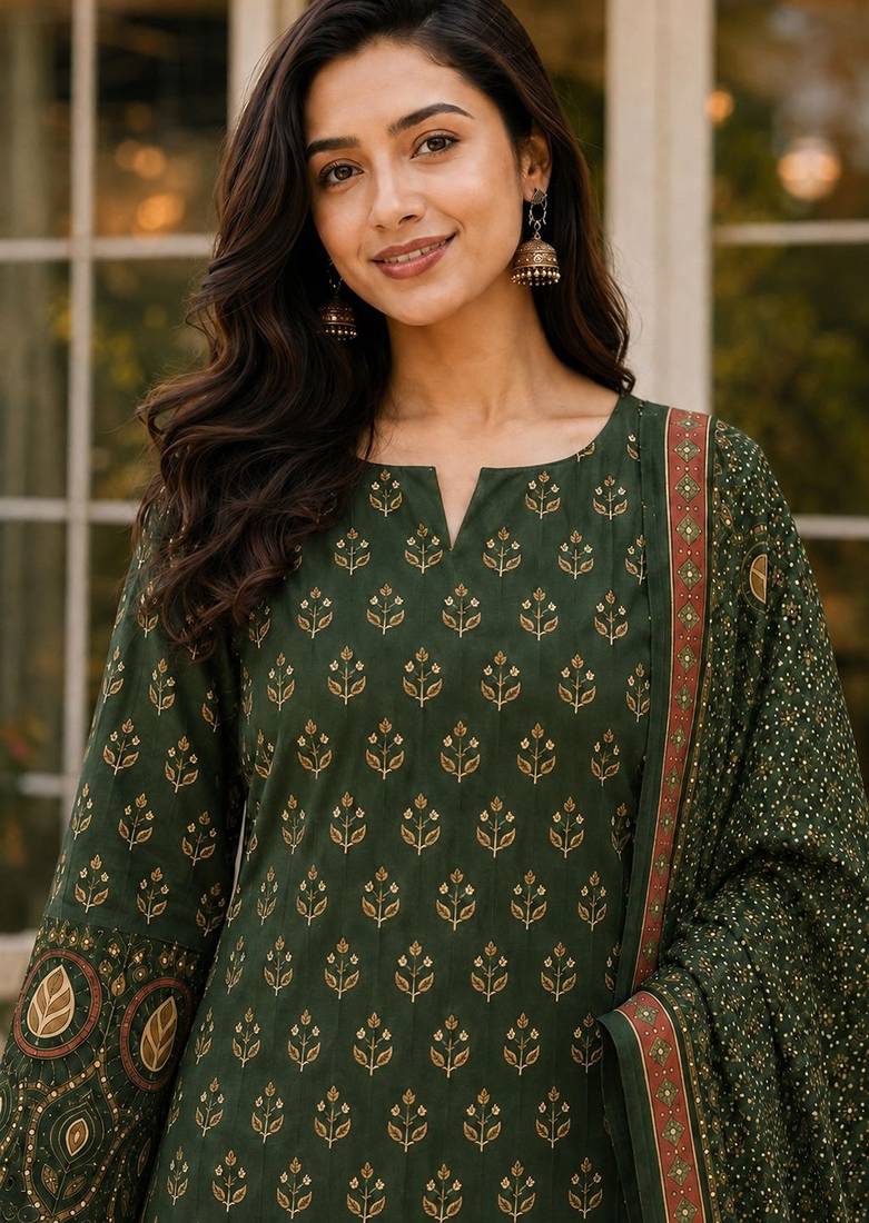 Green blended cotton printed kurta sets