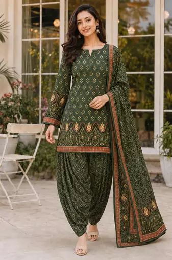 Green blended cotton printed kurta sets