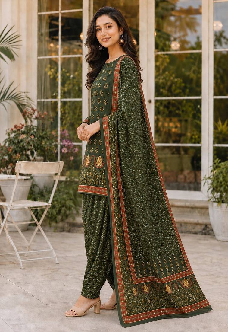Green blended cotton printed kurta sets