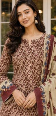 Red blended cotton printed kurta sets 1