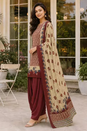 Red blended cotton printed kurta sets