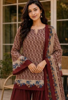 Red blended cotton printed kurta sets 4
