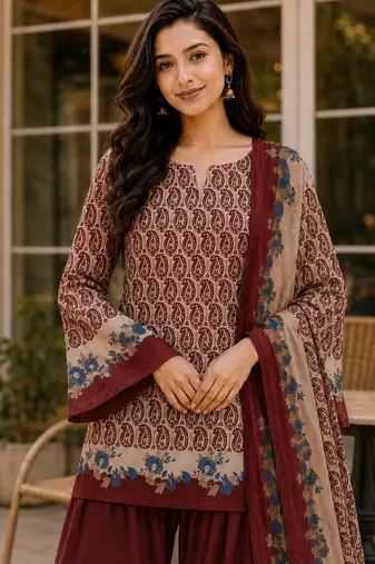 Red blended cotton printed kurta sets