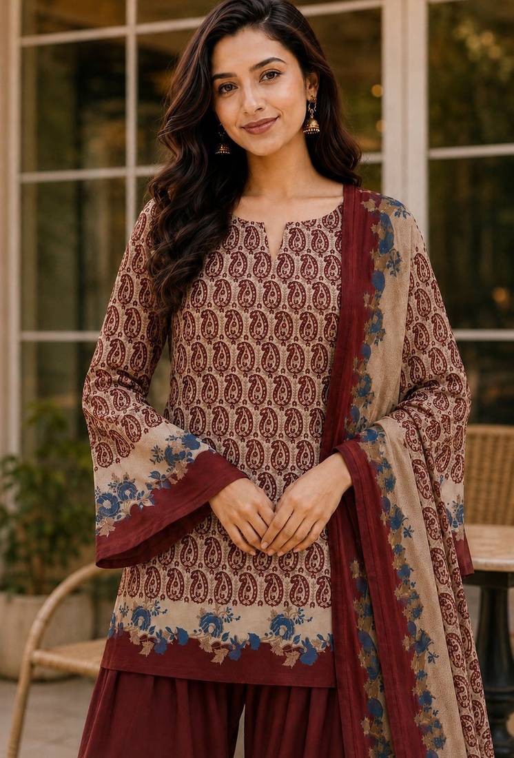 Red blended cotton printed kurta sets