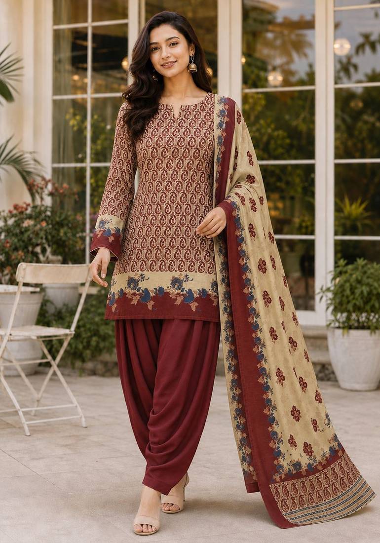Red blended cotton printed kurta sets